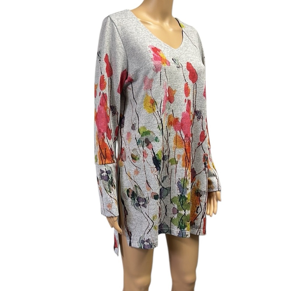 Soft Surroundings Gray Poppy Fields Tunic Long Slv Lightweight Knit Top Womens S